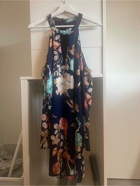 Charles Henry Navy Floral Halter Midi Dress with Teal and Coral Blooms